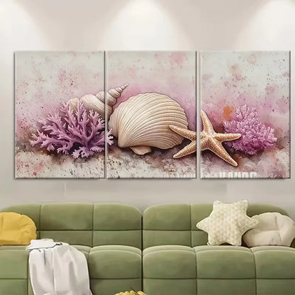 3pcs Sea Shell Coral Starfish Watercolor Metal Print Ready to Hang Art