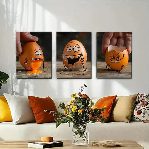 3pcs Funny Egg Playful Cartoon Perfect  Wall Art Set Canvas Unframed - High Quality Print 100% Australian Made Wall Canvas - Bella Home Decor