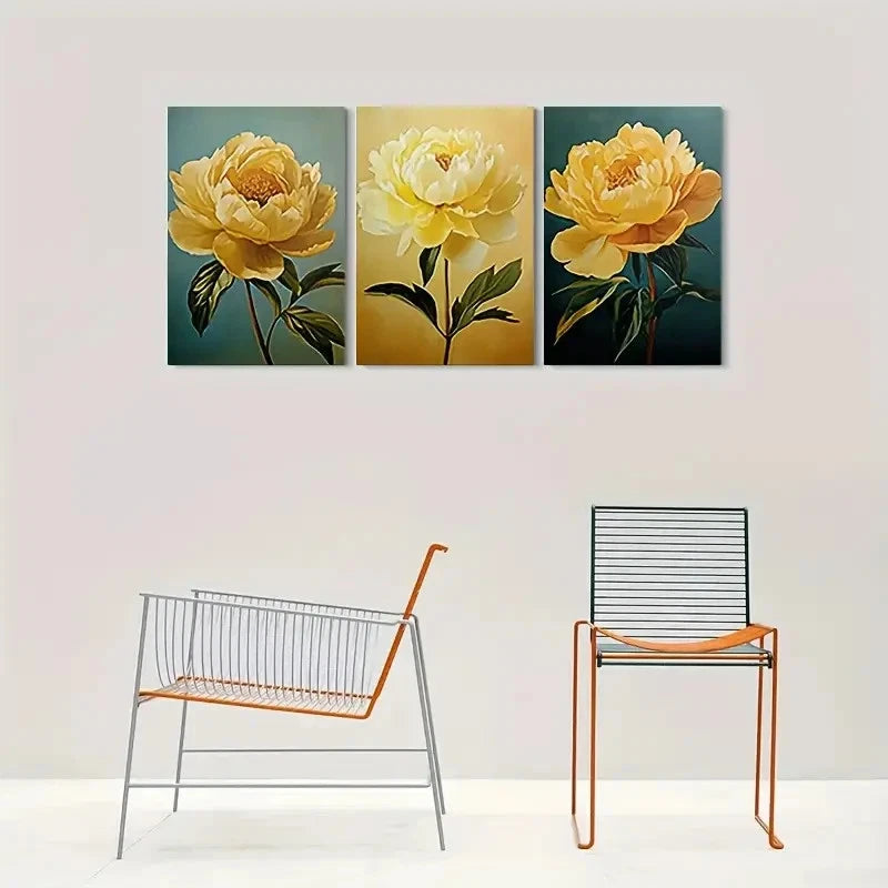 3pcs Golden Peony Florals Green Leaves Metal Print Ready to Hang Art - Bella Home Decor