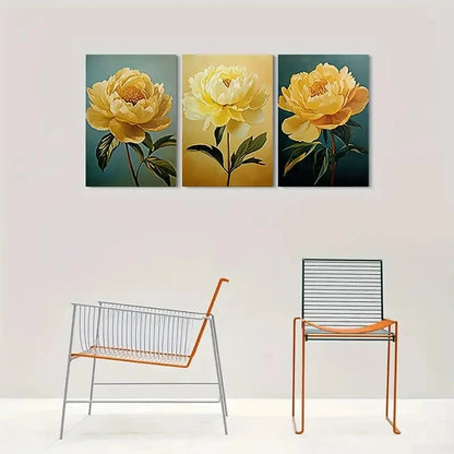 3pcs Golden Peony Florals Green Leaves Metal Print Ready to Hang Art - Bella Home Decor