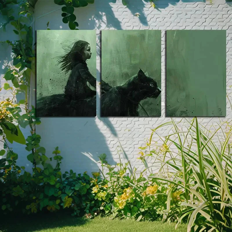 3pcs Girls and Cats Dark Theme Illustration Metal Print Ready to Hang Art - Bella Home Decor