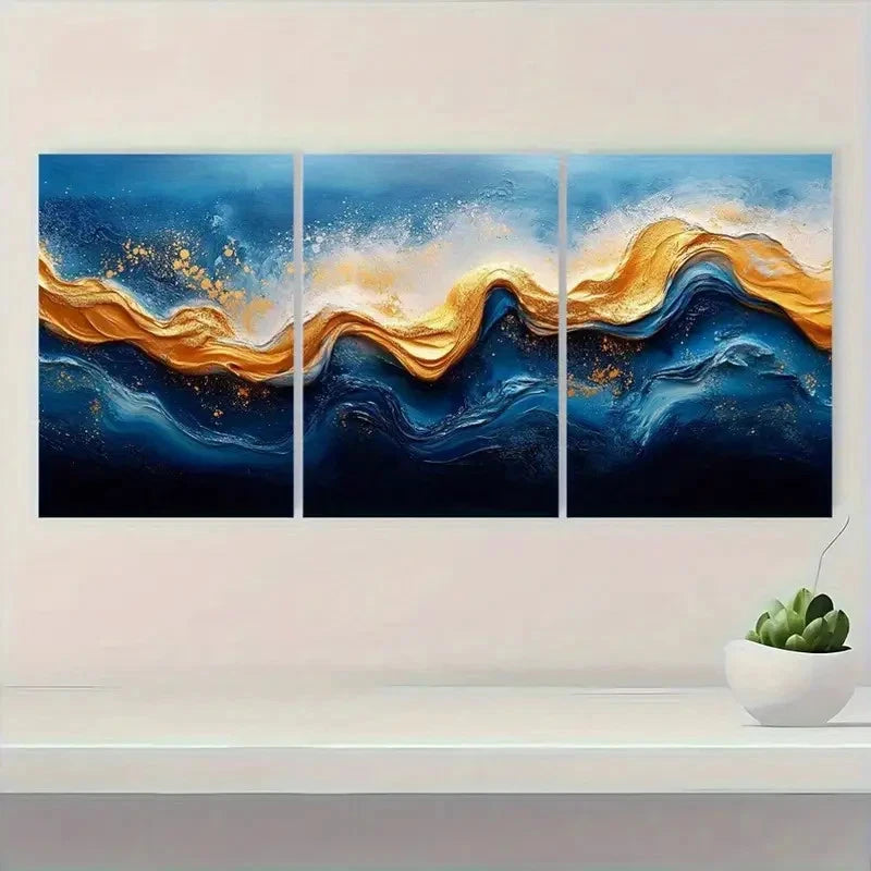 3pcs Abstract Blue & Golden Wave Design Metal Print Ready to Hang Art - Bella Home Decor