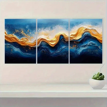 3pcs Abstract Blue & Golden Wave Design Metal Print Ready to Hang Art - Bella Home Decor