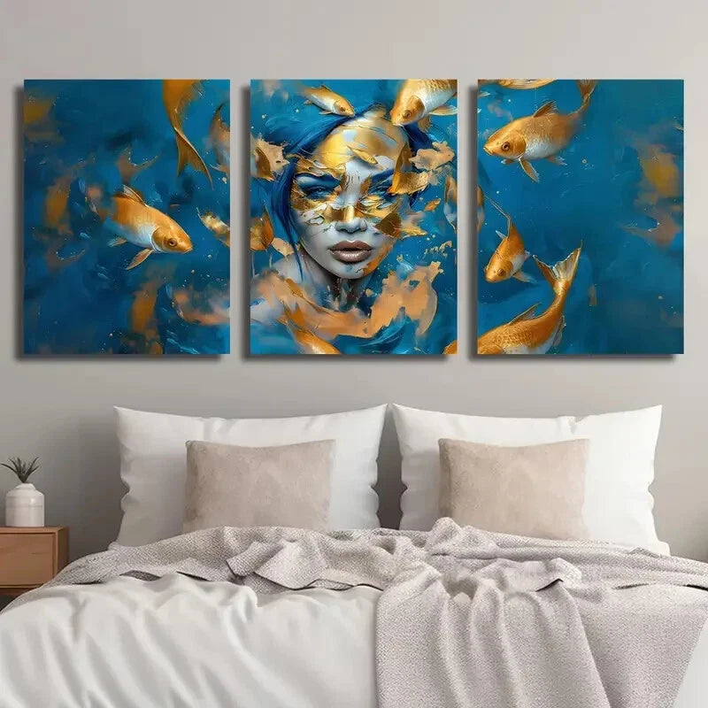 3pcs Golden And Blue Koi Fish Girl Décor Perfect Wall Art Set Canvas Framed 60x90cm - High Quality Print 100% Australian Made Wall Canvas Ready to Hang - Bella Home Decor