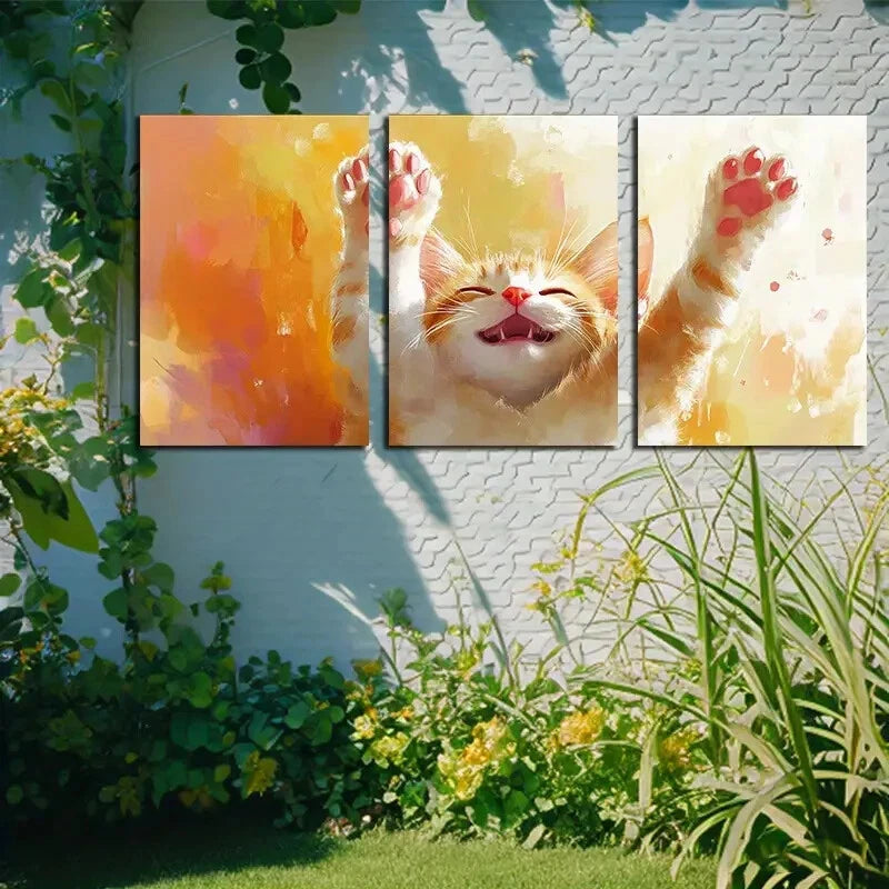 3pcs Vibrant Cat with outstretched hand Metal Print Ready to Hang Art - Bella Home Decor