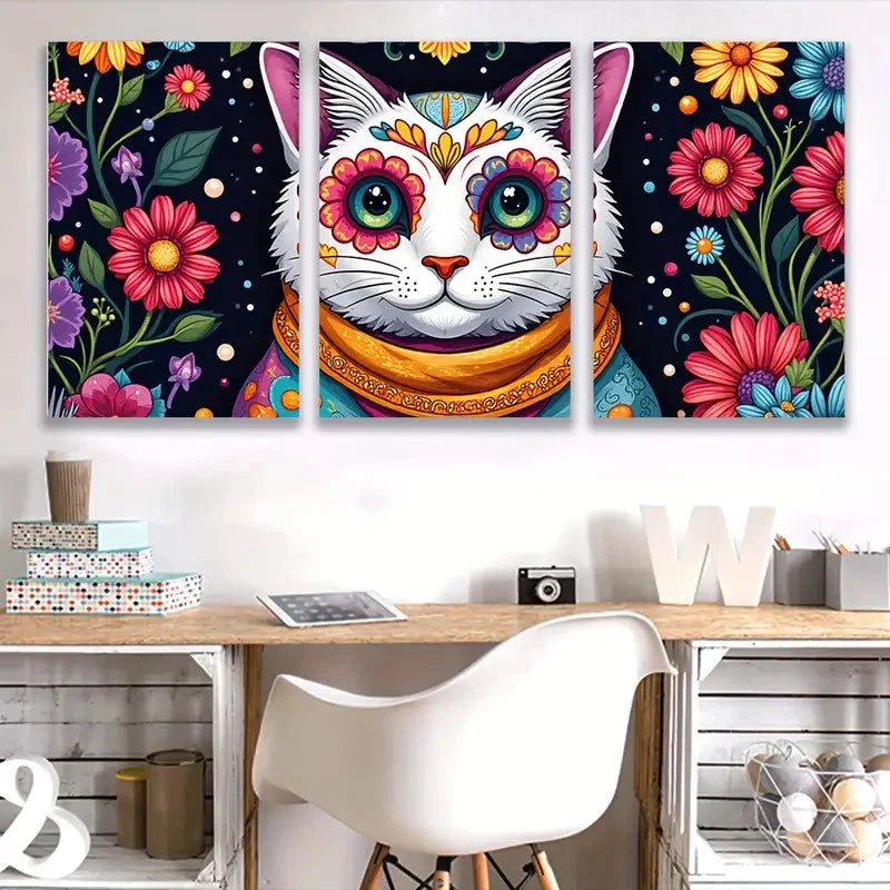 3pcs Colorful Vibrant Cat & Floral Wall Art Set Canvas Framed 60x90cm - High Quality Print 100% Australian Made Wall Canvas Ready to Hang - Bella Home Decor