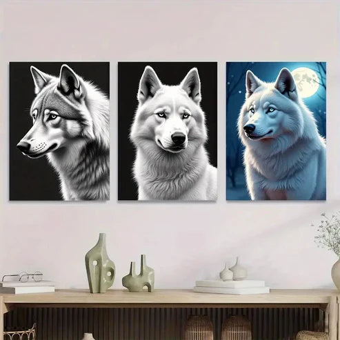3pcs Black White Wolf with Stunning Blue Eyes Wall Art Set Canvas Unframed - High Quality Print 100% Australian Made Wall Canvas - Bella Home Decor