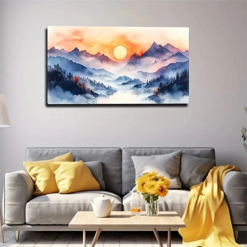 Sunset Mountain Scene Vintage Wall Art Canvas Office Home Room Framed 120x60cm