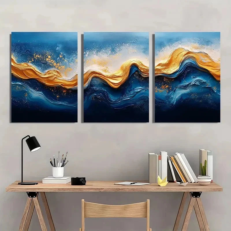 3pcs Abstract Blue & Golden Wave Design Metal Print Ready to Hang Art - Bella Home Decor