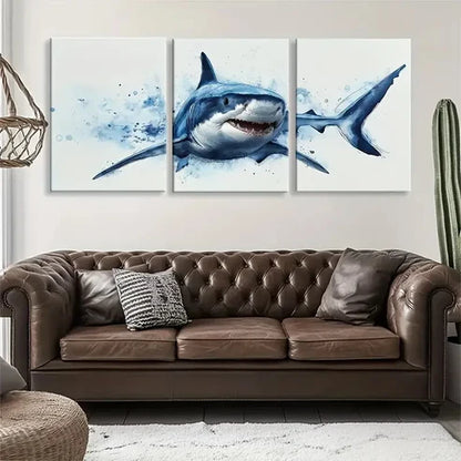 3pcs Shark Splashing Through Ocean Waves Perfect Wall Art Set Canvas Unframed - High Quality Print 100% Australian Made Wall Canvas
