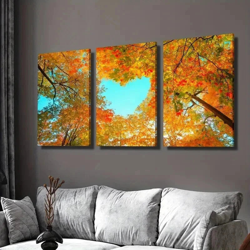 3pcs Heart Shaped Autumn Forest Trees Wall Art Set Canvas Framed 50x70cm - High Quality Print 100% Australian Made Wall Canvas Ready to Hang
