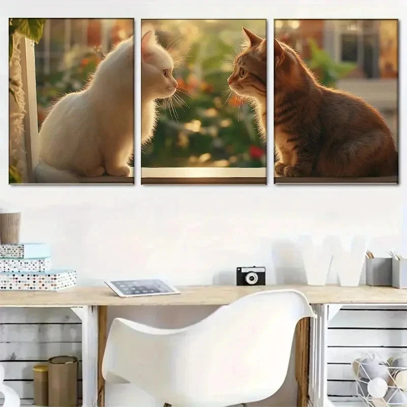 3pcs Animal Art Wall Decor White Cat Tabby Cat Metal Print Ready to Hang Art - Bella Home Decor