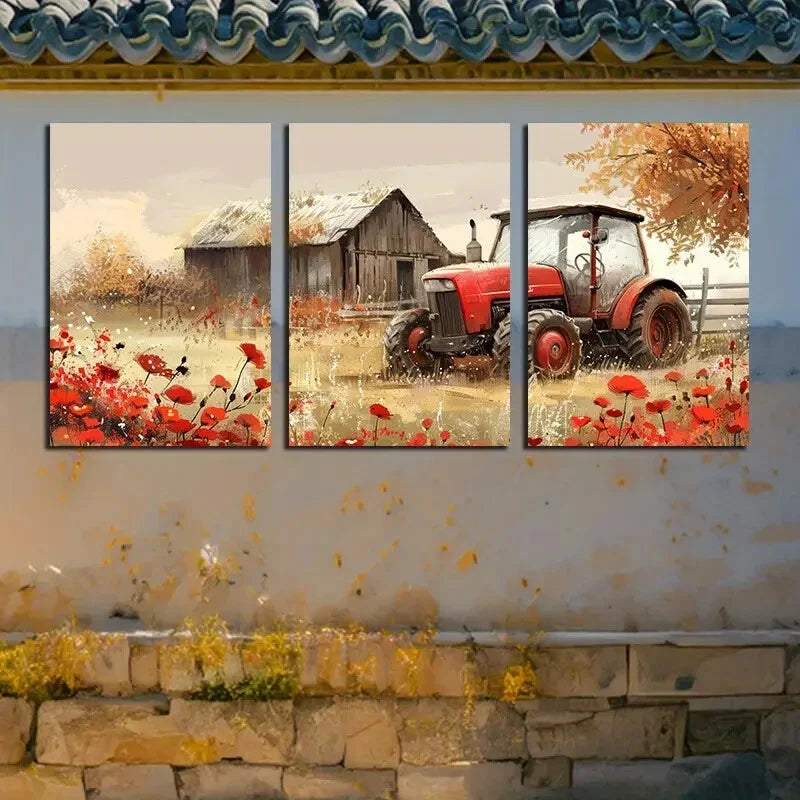 3pcs Tractor with Rustic Barn with Red Florals Metal Print Ready to Hang Art - Bella Home Decor