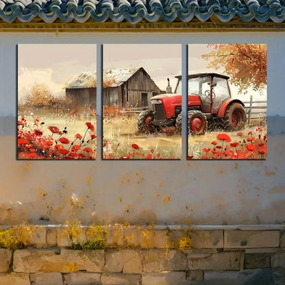 3pcs Tractor with Rustic Barn with Red Florals Metal Print Ready to Hang Art - Bella Home Decor