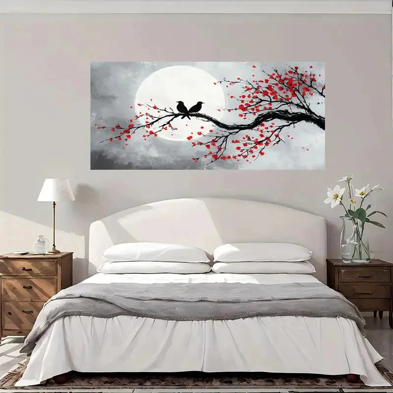 Cherry Blossom Branch Full Moon Wall Art Canvas Office Home Room Framed 120x60cm
