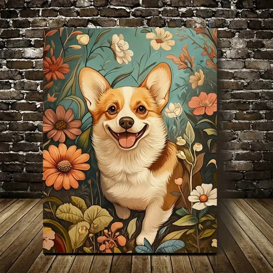 Cute Corgi Dog with Flowers & Plants 40x60cm Metal Print Ready to Hang - Bella Home Decor