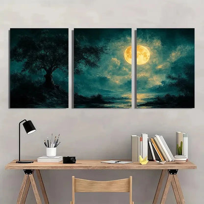 Three-panel wall art depicting a moonlit scene over a desk with books and a lamp.