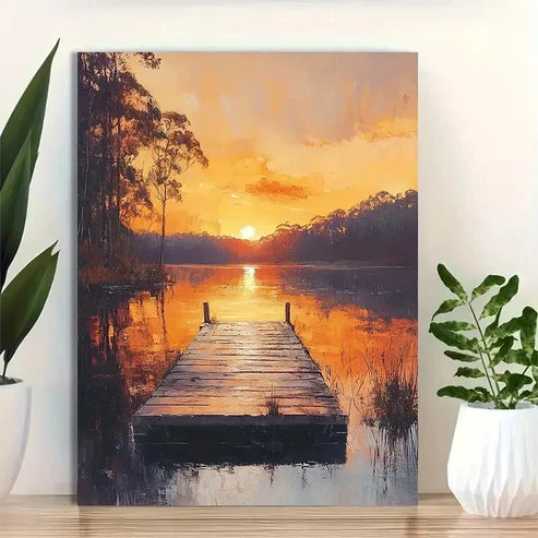 Beautiful Serene Lakeside Sunset Landscape Painting 60x90cm Metal Print Ready to Hang