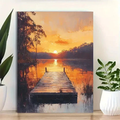 Beautiful Serene Lakeside Sunset Landscape Painting 60x90cm Metal Print Ready to Hang