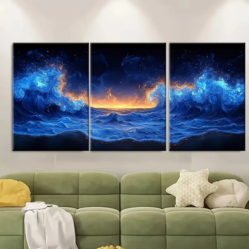 3pcs Tranquil Blue Neon Seascape Metal Print Ready to Hang Art