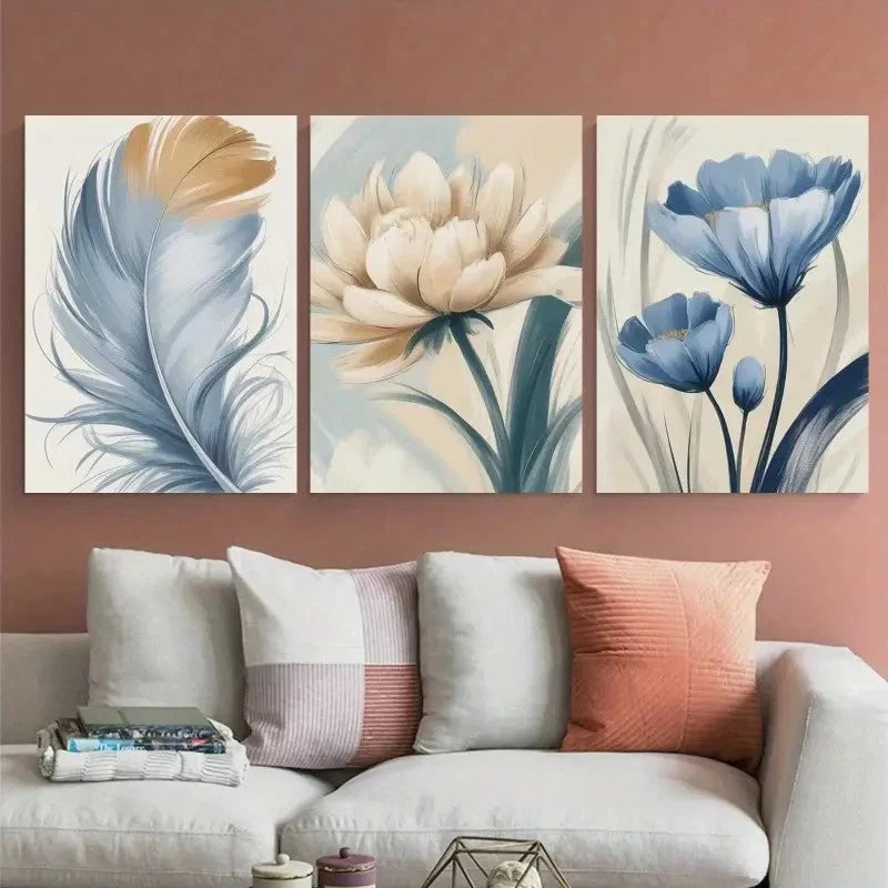 3pcs Blue Feather White Flower Blue Flower Metal Print Ready to Hang Art - Bella Home Decor