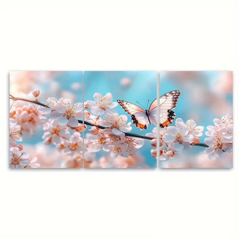 3pcs White Blossom Under Blue Sky with Butterfly Metal Print Ready to Hang Art - Bella Home Decor