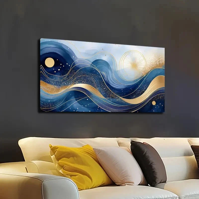 Abstract Blue and Golden Wall Art canvas office home room framed 120x60cm - Bella Home Decor