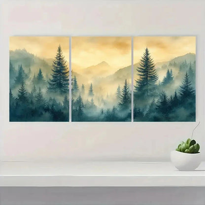 3pcs Serene Forest Landscape with Misty Mountains Metal Print Ready to Hang Art - Bella Home Decor