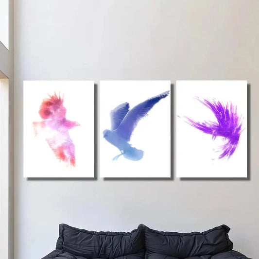 3pcs , Colorful Pigeon & Crow Illustrations Metal Print Ready to Hang Art