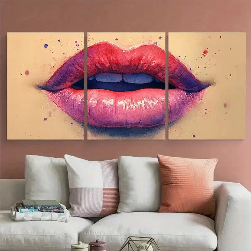 3pcs Pink Red Purple Lips Illustration Metal Print Ready to Hang Art - Bella Home Decor