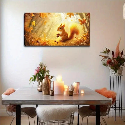 Squirrel And Autumn Leaves Wall Art Canvas Office Home Room Framed 120x60cm - Bella Home Decor