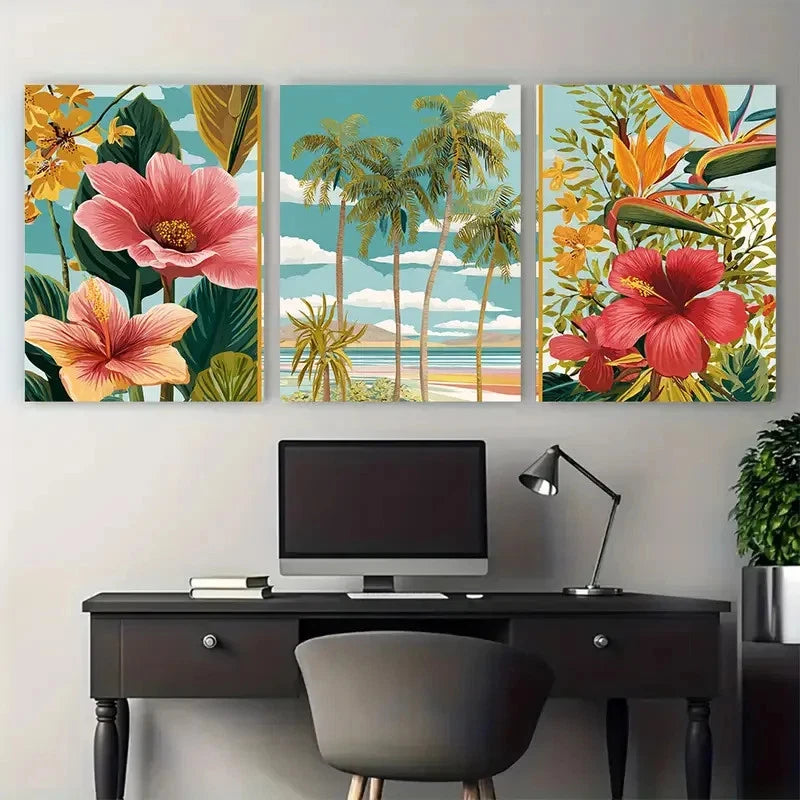 3pcs Lanzarote Travel Beach Floral Illustration Wall Art Set Canvas Framed 50x70cm - High Quality Print 100% Australian Made Wall Canvas Ready to Hang