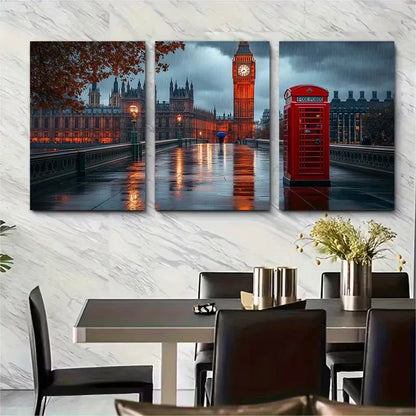 3pcs Rainy Big Ben and Red Phone Box Metal Print Ready to Hang Art
