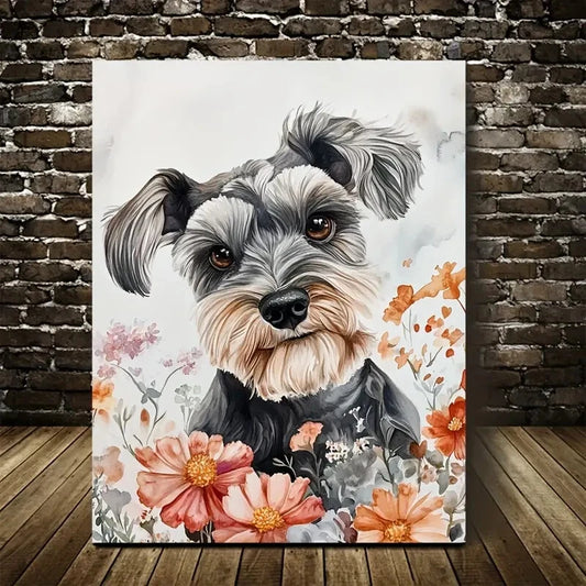 Flowers And Plants Cute Schnauzer Dog Painting 40x60cm Metal Print Ready to Hang - Bella Home Decor