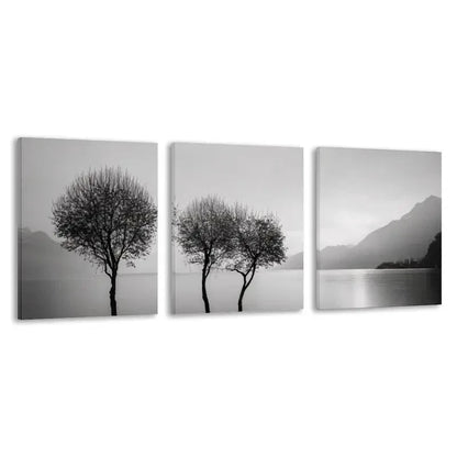 3pcs Black & White Three Trees by the Lake  Wall Art Set Canvas Framed 40x60cm - High Quality Print 100% Australian Made Wall Canvas Ready to Hang - Bella Home Decor