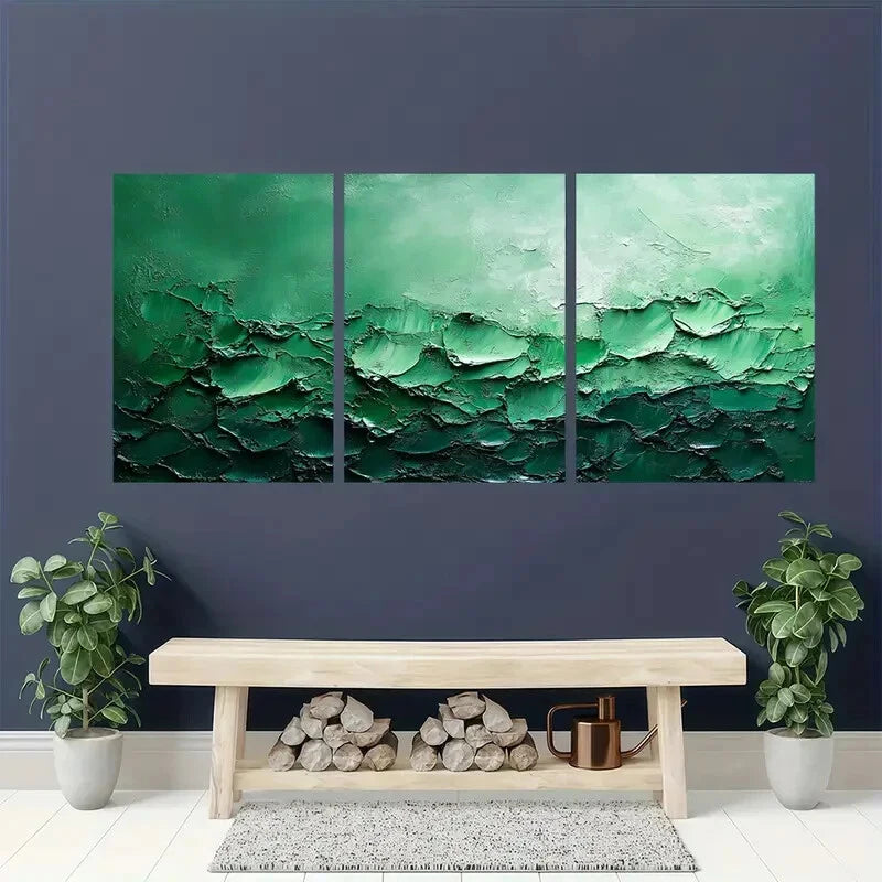 3pcs Green Texture Painting Abstract Metal Print Ready to Hang Art - Bella Home Decor