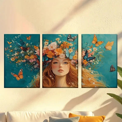 3pcs Charming flower fairy & flying butterflies Wall Art Set Canvas Framed 50x70cm - High Quality Print 100% Australian Made Wall Canvas Ready to Hang - Bella Home Decor