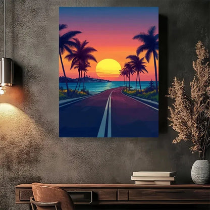 Beautiful Sunset Beach Road Modern Vintage Painting 40x60cm Metal Print Ready to Hang - Bella Home Decor