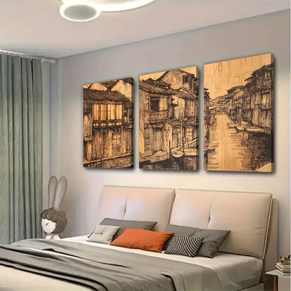 3pcs Venetian Canal House Artwork  Wall Art Canvas  Framed 60x90cm - High Quality Print 100% Australian Made Wall Canvas Ready to Hang