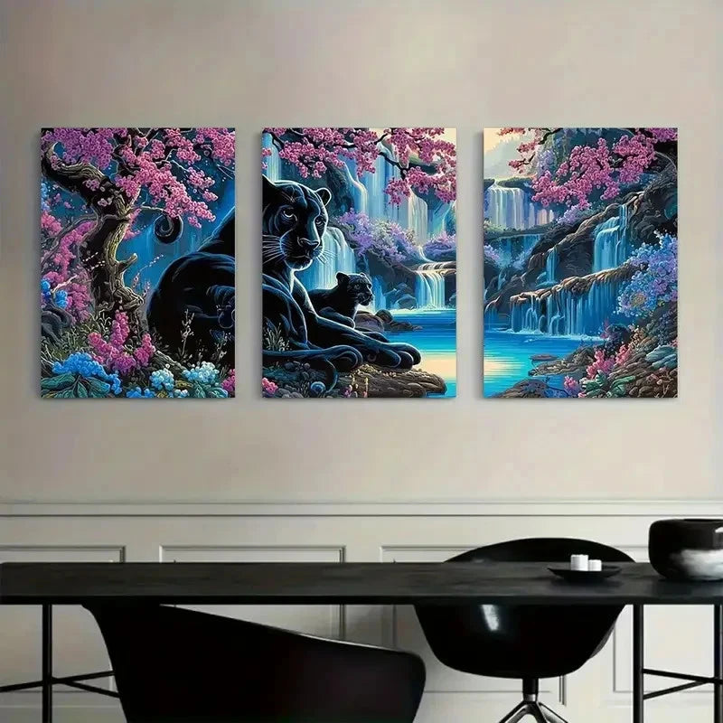 3pcs Black Panther Family Optical Illusion Style Metal Print Ready to Hang Art - Bella Home Decor