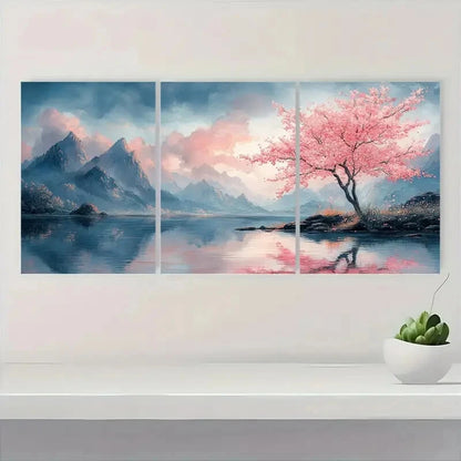 3pcs Tranquil Blossoming Cherry Tree Landscape Metal Print Ready to Hang Art - Bella Home Decor