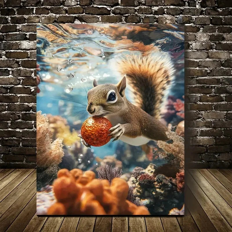 Vibrant Underwater Squirrel Scene with Coral Painting 40x60cm Metal Print Ready to Hang - Bella Home Decor