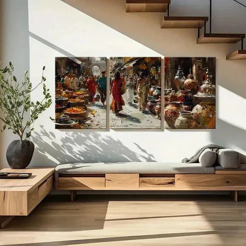 3pcs Indian Market Colorful Pottery Wall Art Canvas Unframed - High Quality Print 100% Australian Made Wall Canvas