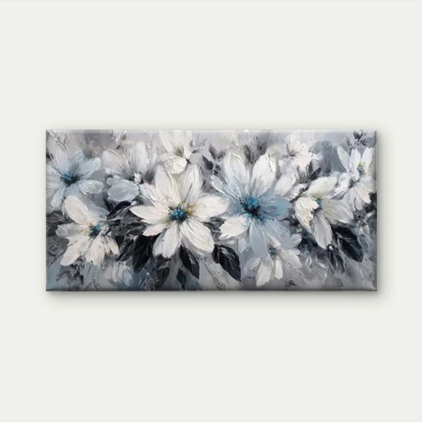 White & Blue Floral Abstract Wall Art Canvas Office Home Room Framed 120x60cm