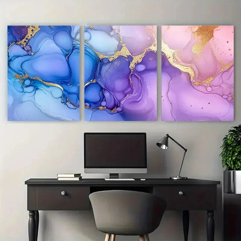 3pcs Blue Purple Golden Marbling Fluid Design Metal Print Ready to Hang Art - Bella Home Decor