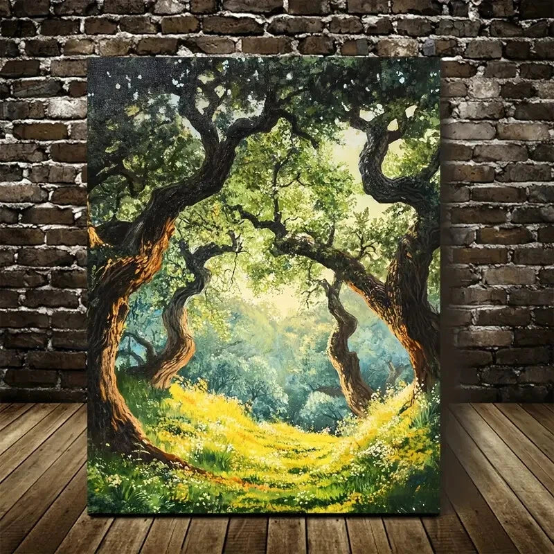 Vibrant Oak Forest Scene with Sunlit Trees & Lush 40x60cm Metal Print Ready to Hang - Bella Home Decor