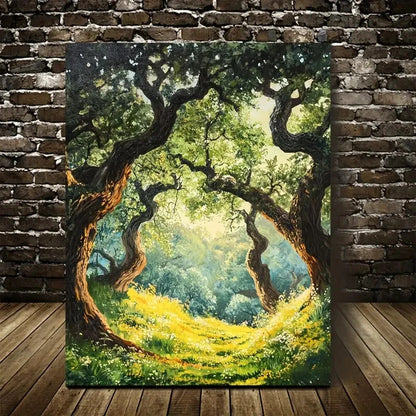 Vibrant Oak Forest Scene with Sunlit Trees & Lush 40x60cm Metal Print Ready to Hang - Bella Home Decor