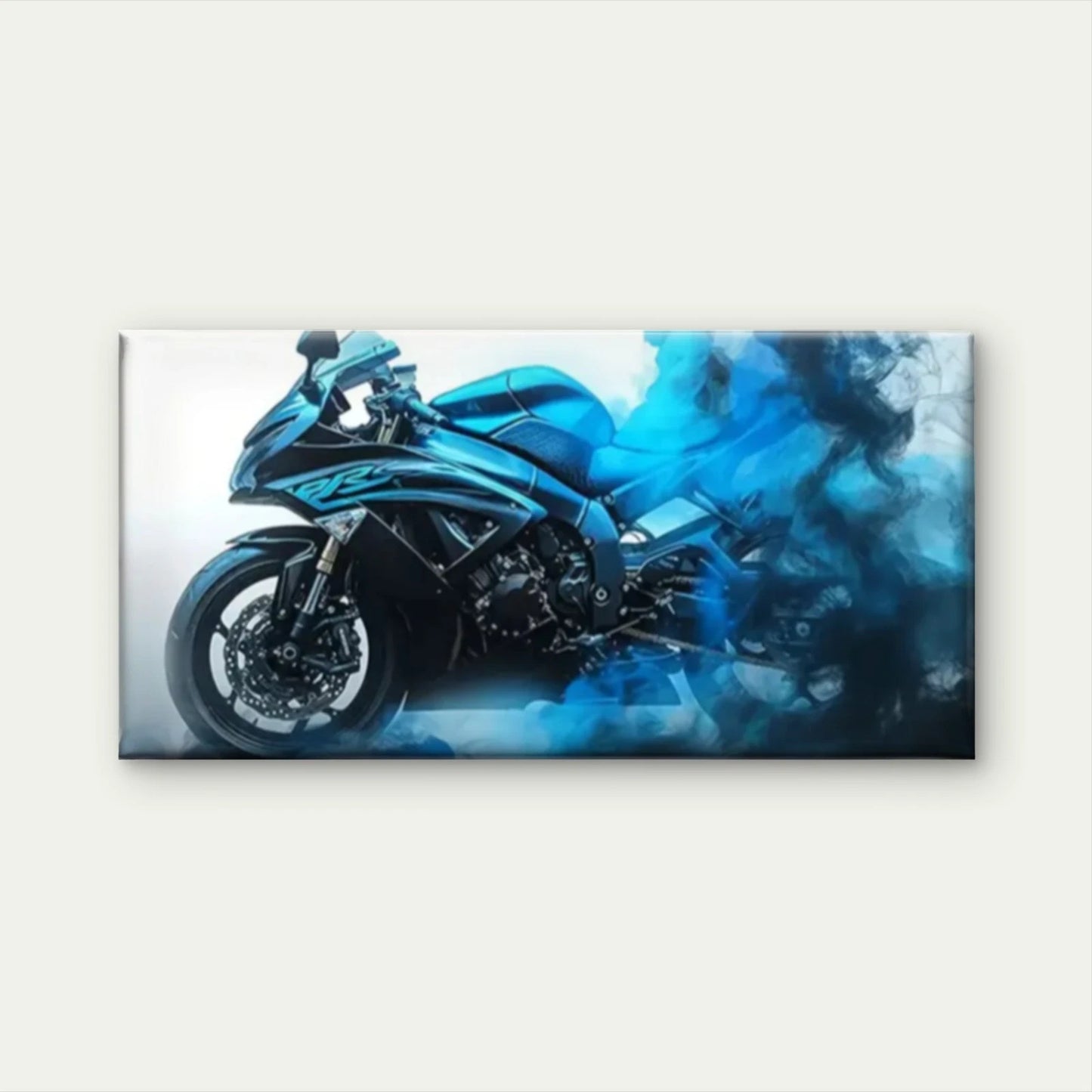Blue Motorcycle Smoke Perfect Wall Art Canvas Office Home Room Framed 120x60cm