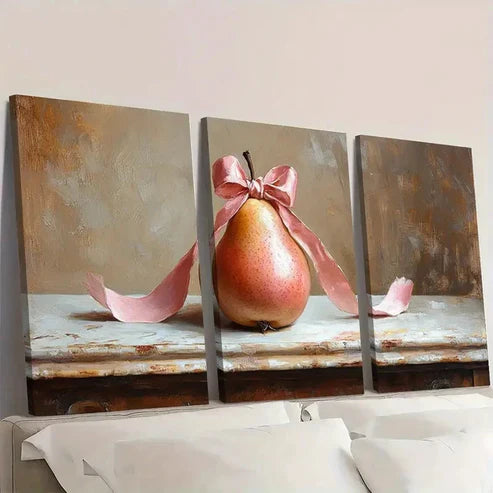 3pcs Pear Oil Print Coquette Pink Bow A  Wall Art Set Canvas Unframed - High Quality Print 100% Australian Made Wall Canvas - Bella Home Decor