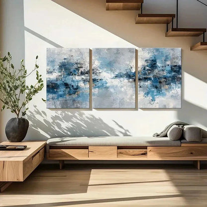 3pcs Modern Abstract Blue & White Textured Metal Print Ready to Hang Art - Bella Home Decor